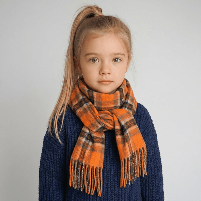 100% Cashmere Tartan Mini Scarf for Kids - Soft Children’s Luxury Scarf - BRIGHT ORANGE STEWART - Heritage Of Scotland -