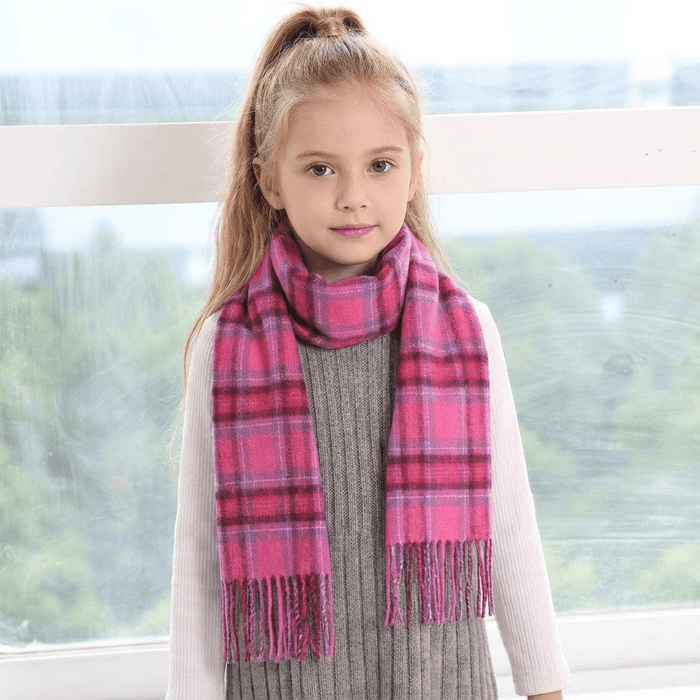 100% Cashmere Tartan Mini Scarf for Kids - Soft Children’s Luxury Scarf - BRIGHT PINK STEWART - Heritage Of Scotland -