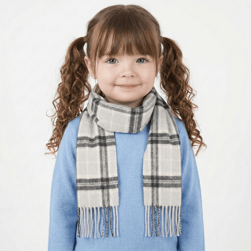 100% Cashmere Tartan Mini Scarf for Kids - Soft Children’s Luxury Scarf - THOMSON PALE GREY - Heritage Of Scotland -