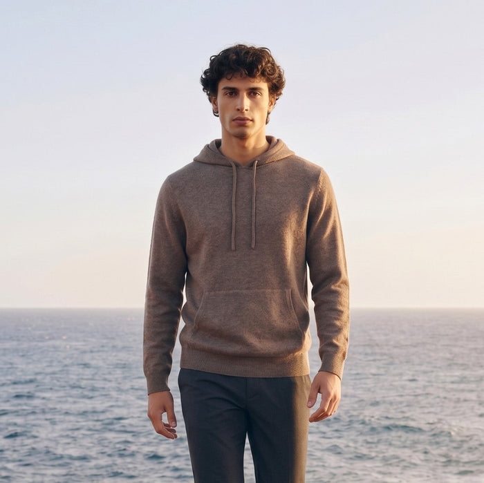 100% Merino Wool Hoodie with Pouch Pocket – BROWN MELANGE - Heritage Of Scotland - S