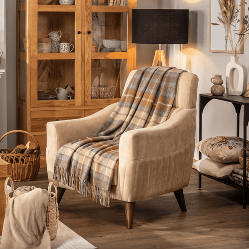 100% Pure Lambswool Tartan Blanket – Luxury Soft Warm Plaid Wool Throw - Home Décor - Buchanan Natural - Heritage Of Scotland -