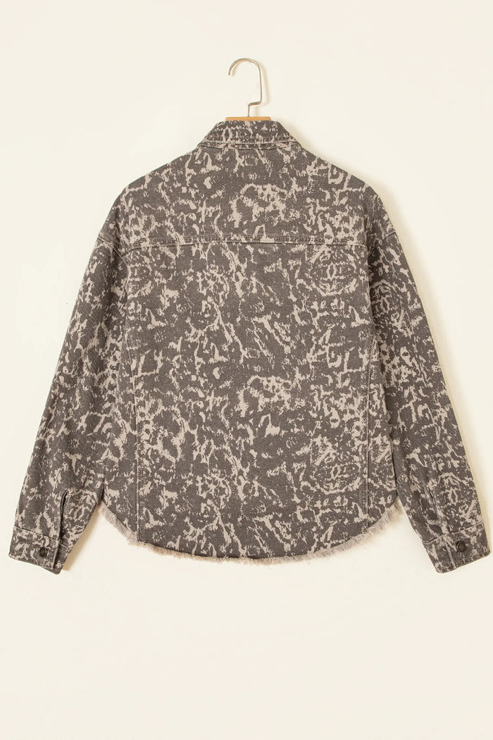 Abstract Print Long Sleeve Collar Raw Hem Denim Jacket – Khaki