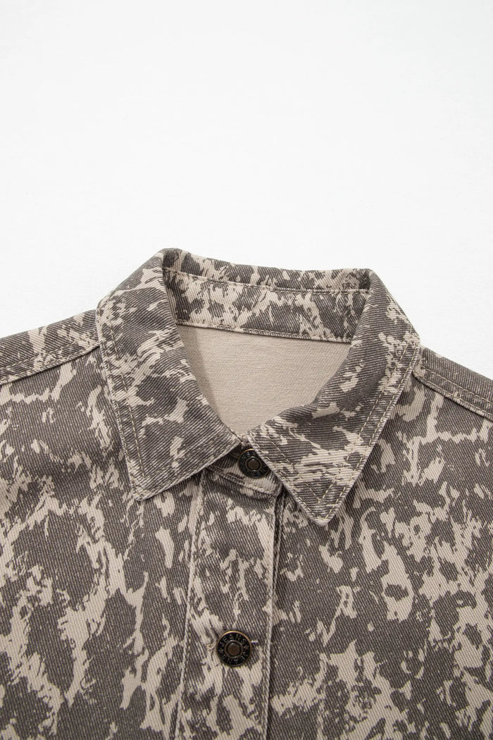 Abstract Print Long Sleeve Collar Raw Hem Denim Jacket – Khaki