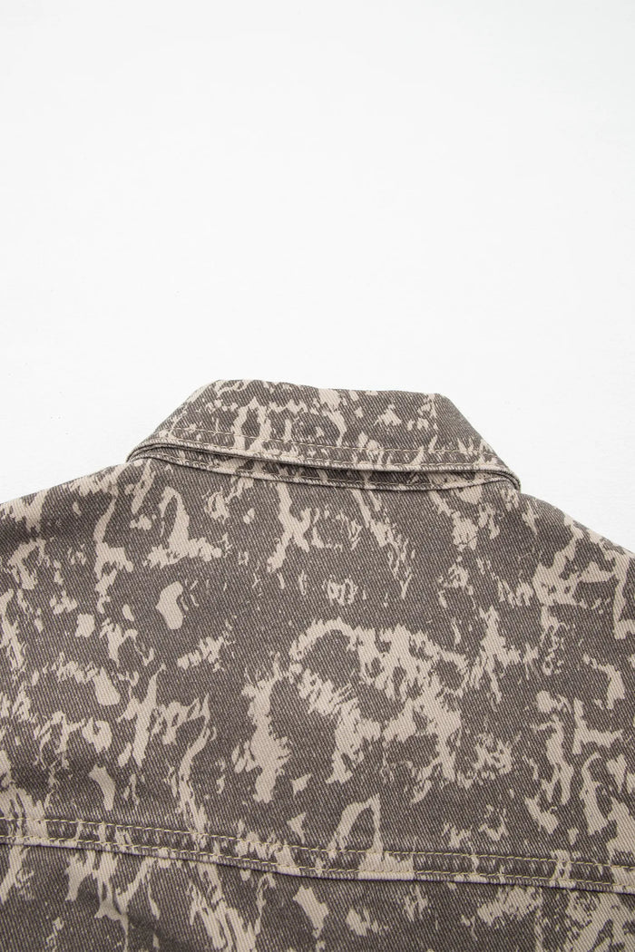 Abstract Print Long Sleeve Collar Raw Hem Denim Jacket – Khaki