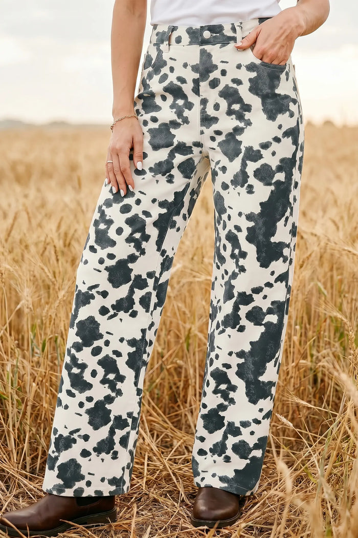 Abstract Print Metal Button Regular Fit Full-Length Jeans – Brown