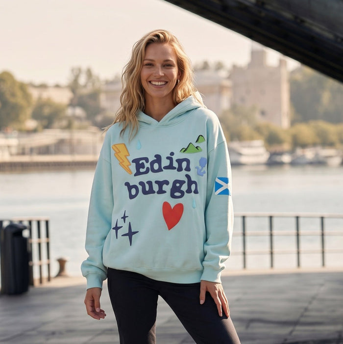 Adults Edinburgh 3D Puff Print Hoodie Aqua – Hooded Sweatshirt - Heritage Of Scotland - XS