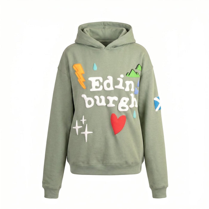 Adults Edinburgh 3D Puff Print Hoodie – Dusty Green - Heritage Of Scotland - XS