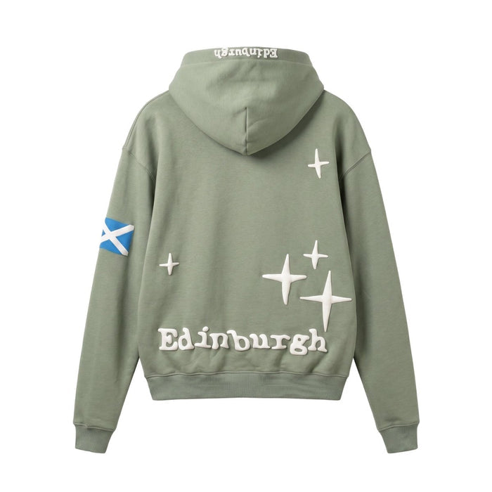Adults Edinburgh 3D Puff Print Hoodie – Dusty Green - Heritage Of Scotland - XS