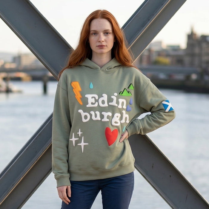 Adults Edinburgh 3D Puff Print Hoodie – Dusty Green - Heritage Of Scotland - XS