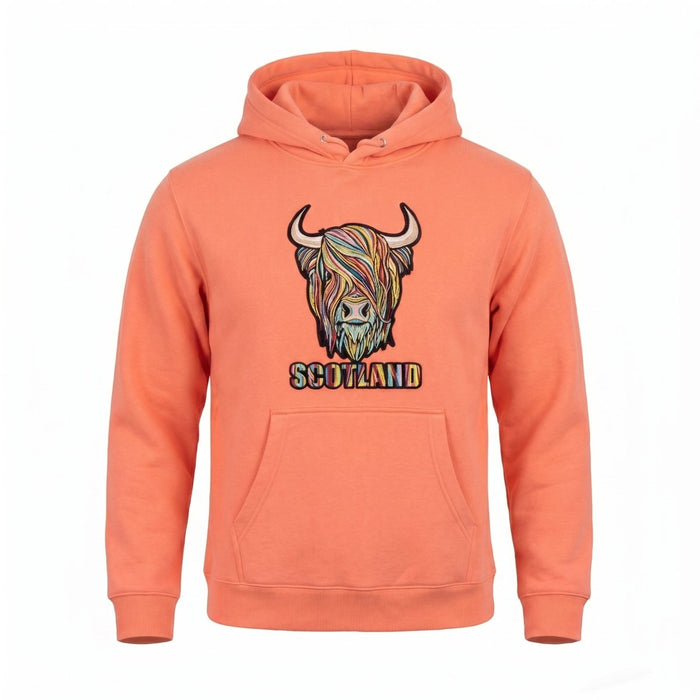 Adults Pastel Highland Cow Hooded Top - Coral - Heritage Of Scotland - CORAL