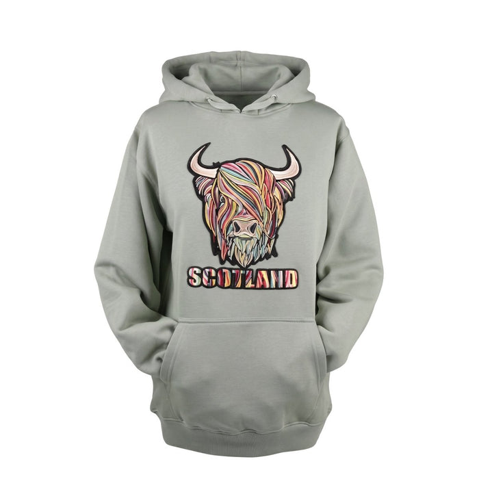Adults Pastel Highland Cow Hooded Top - Dusty Green - Heritage Of Scotland - XS