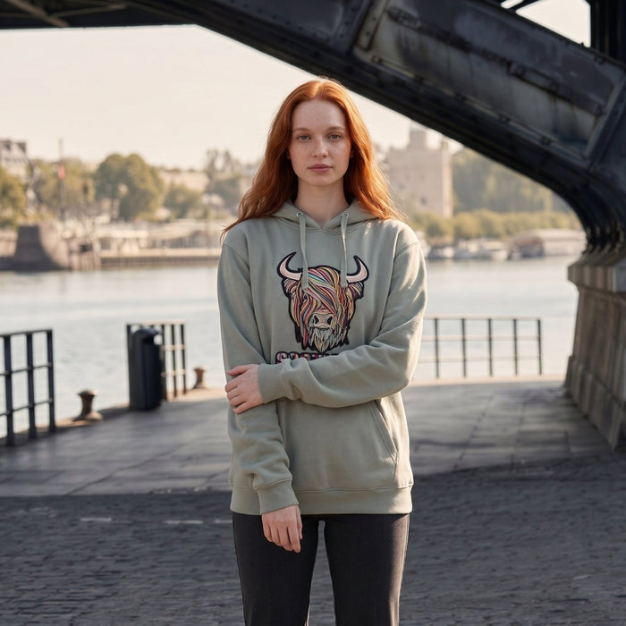Adults Pastel Highland Cow Hooded Top - Dusty Green - Heritage Of Scotland - XS