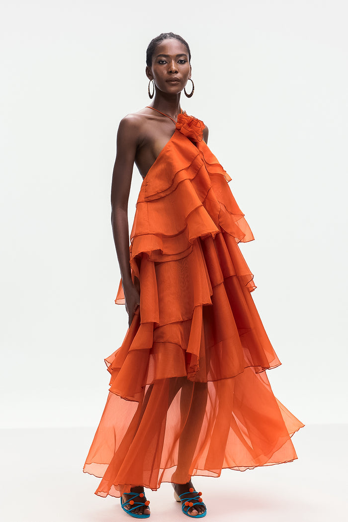 Ailish Backless Flower Ruch Maxi Dress In Orange