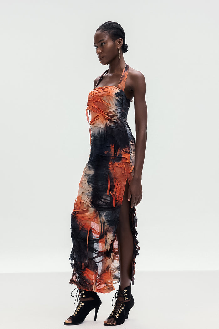Ainmuire Tie Dye Fringe Split Maxi Dress
