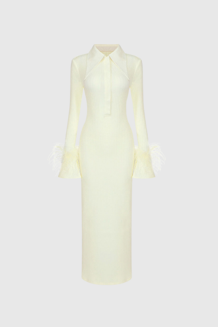 Almis Lapel Feather  Knit Maxi Dress