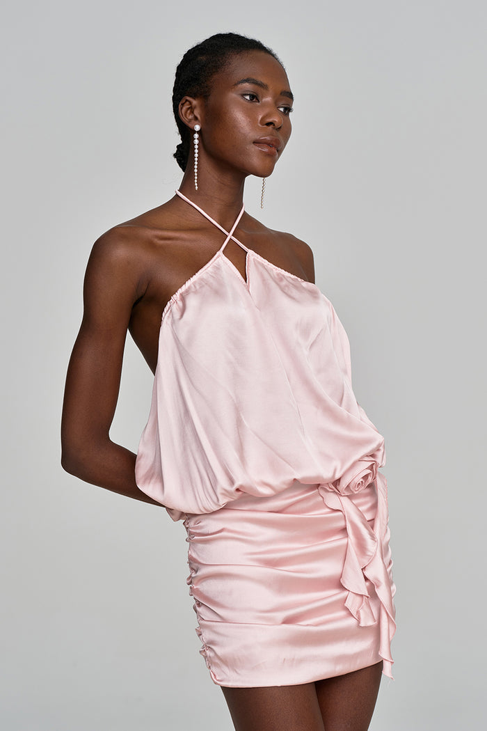 Alodie Halter Neck Backless Flower Satin Mini Dress