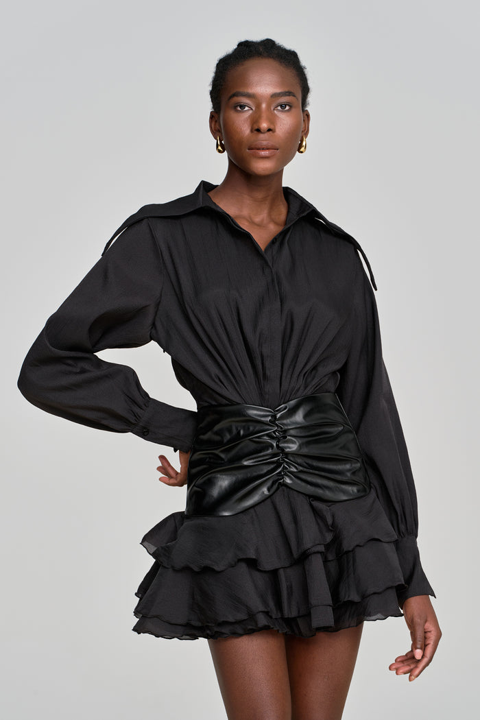 Alohilani Ruch Ruffle Leather Buckle Mesh Mini Dress