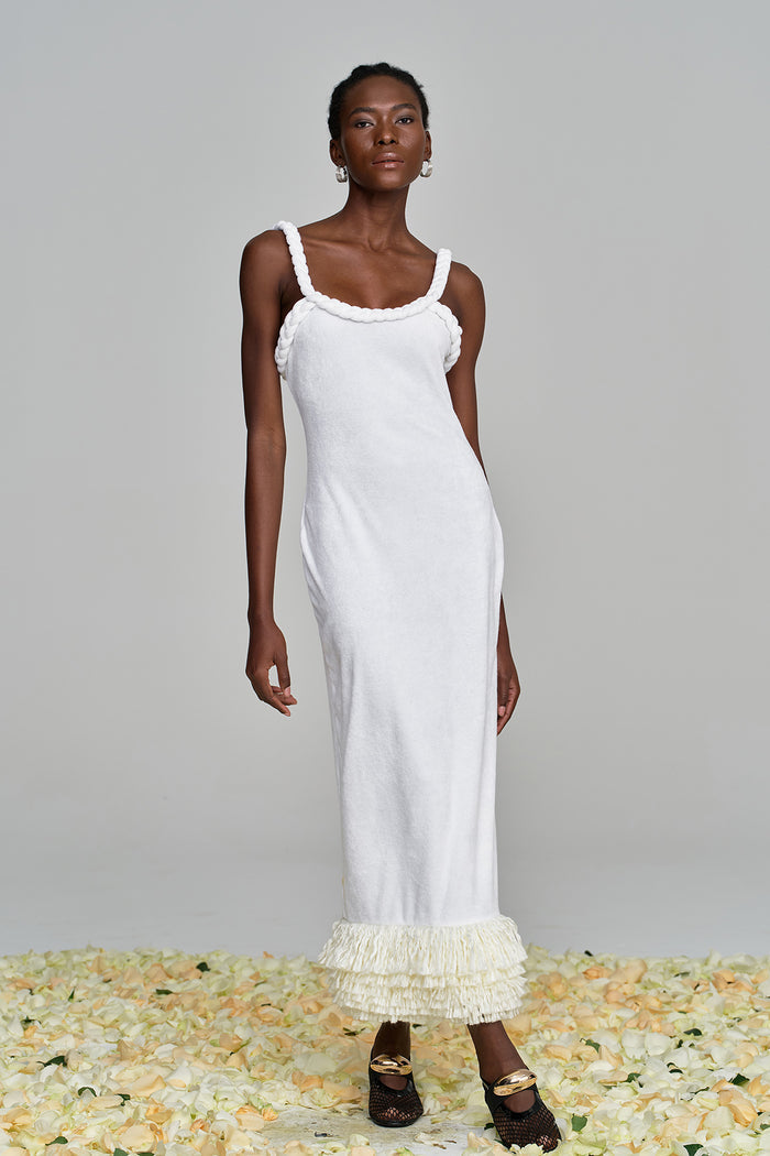 Alvis Bodycon Fringe Twist Knit Maxi Dress