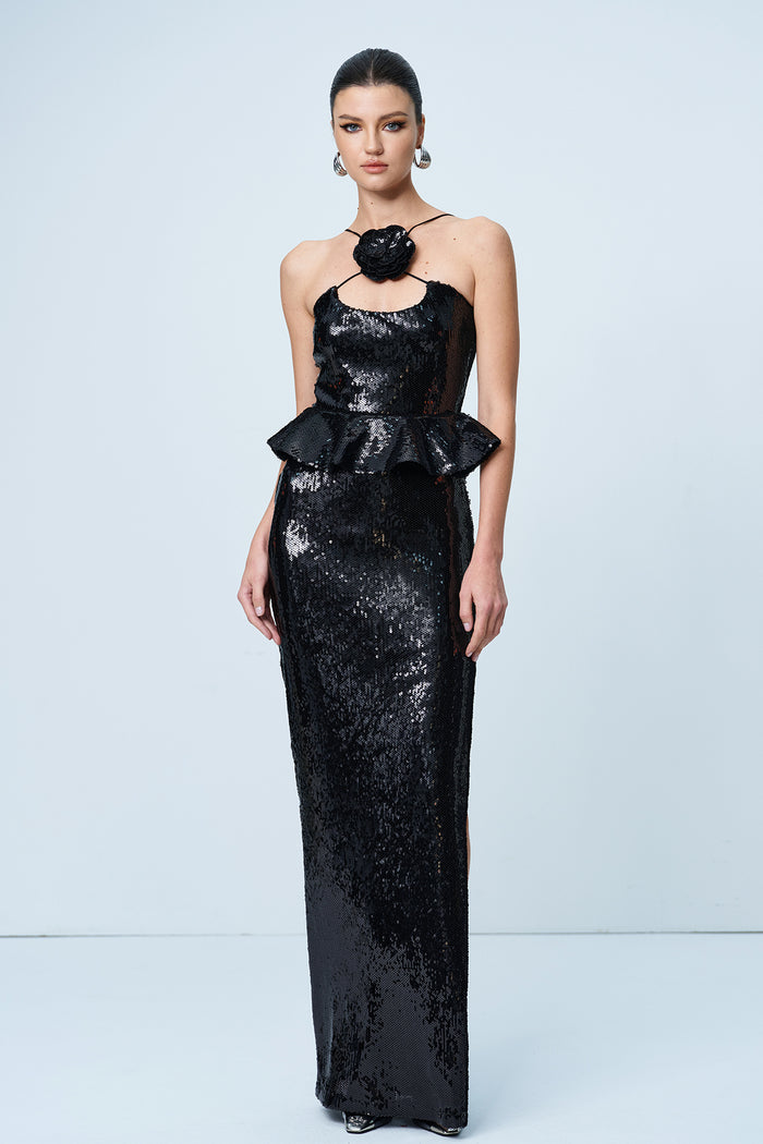 Ambar Sequin Flower Ruffle Maxi Dress