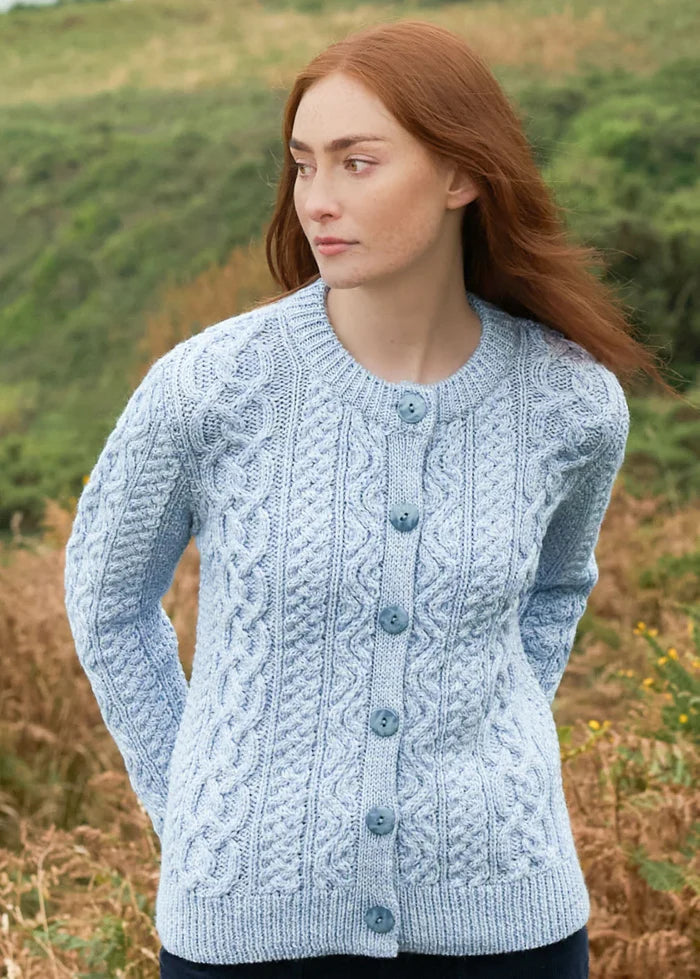 Aran Merino Wool Short Button Cardigan | Blue Ice