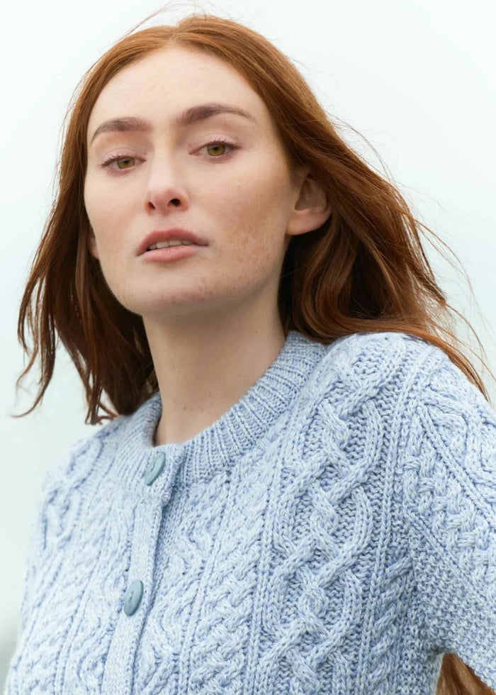 Aran Merino Wool Short Button Cardigan | Blue Ice