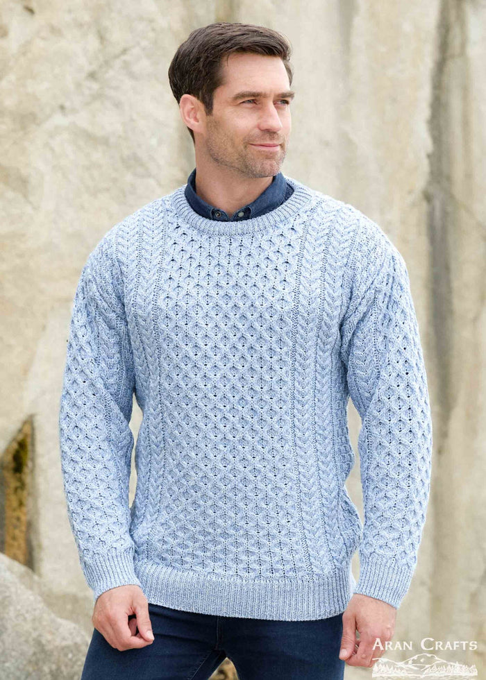 Aran Crew Neck Sweater - 100% Merino Wool Ice Blue | Made in Ireland