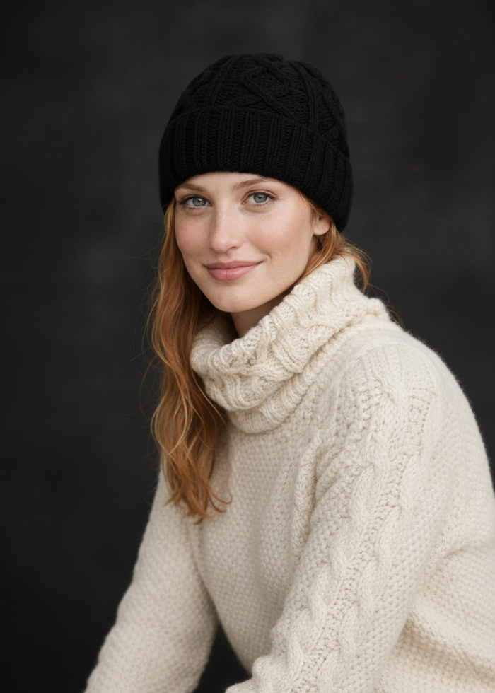 Aran Diamond Stitch Hat - Black