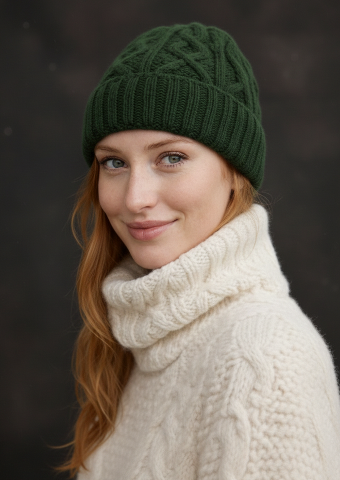 Aran Diamond Stitch Hat - Seaweed Green