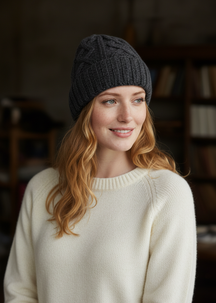 Aran Diamond Stitch Hat - Slate Grey