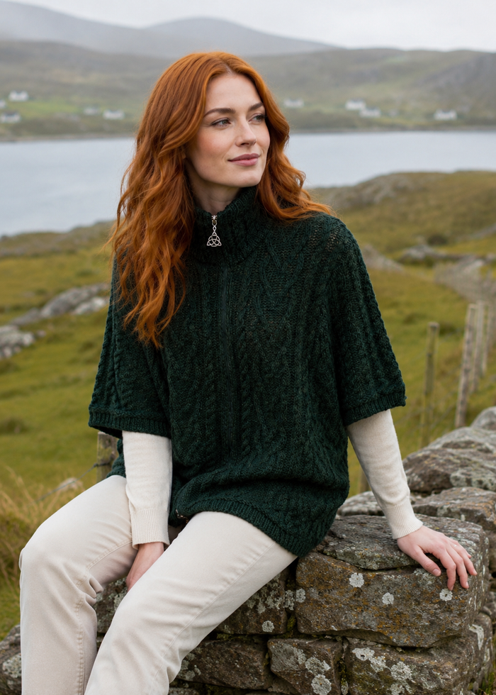 Aran Funnel Neck Cape | Army Green | 100% Merino Wool | Made in Ireland