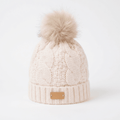 Aran Ladies Cable Knit Faux Fur Pom Pom Winter Hat - Cream - Heritage Of Scotland -