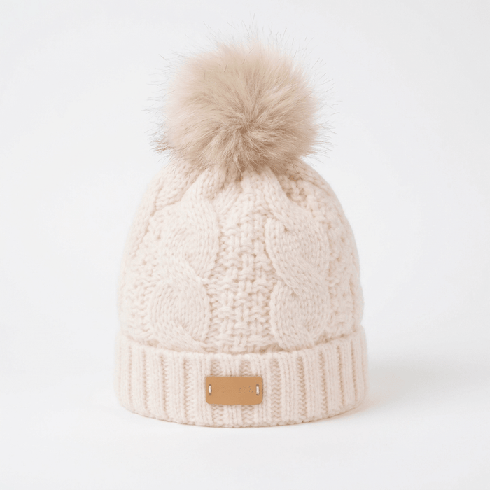 Aran Ladies Cable Knit Faux Fur Pom Pom Winter Hat - Cream - Heritage Of Scotland -