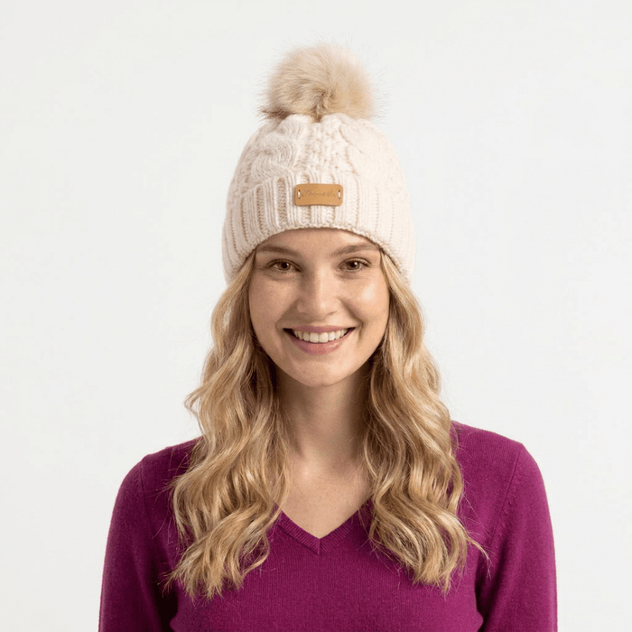 Aran Ladies Cable Knit Faux Fur Pom Pom Winter Hat - Cream - Heritage Of Scotland -