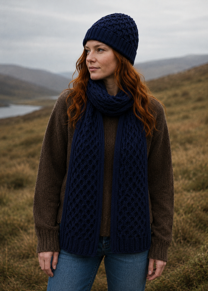Aran Merino Wool Honeycomb Scarf | Deep Water Blue