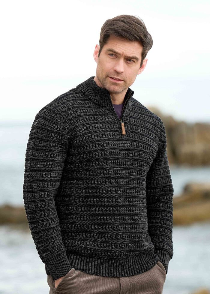 Aran Plated 1/4 Zip Sweater | Men's Irish Merino Wool | Charcoal
