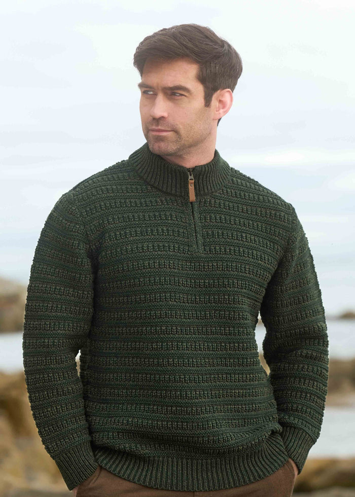 Aran Plated 1/4 Zip Sweater | Men's Irish Merino Wool | Green