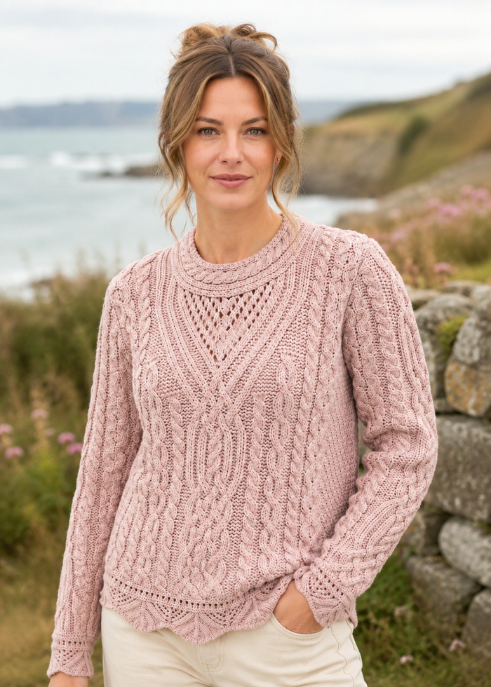 Aran Scallop Lace Stitch Sweater | 100% Merino Wool | Sky Pink