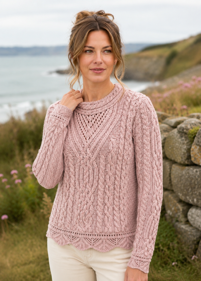 Aran Scallop Lace Stitch Sweater | 100% Merino Wool | Sky Pink