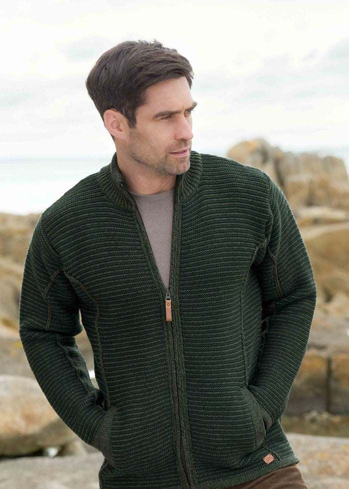 Aran Stripe Full Zip Sweater | Merino Wool | Green
