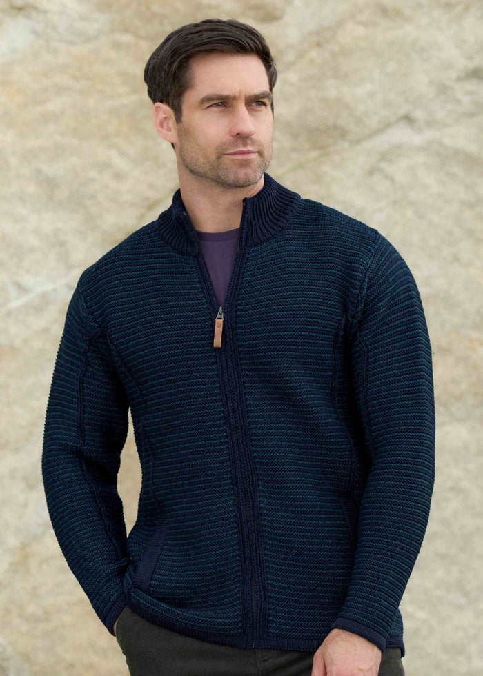 Aran Stripe Full Zip Sweater | Merino Wool | Sherwood