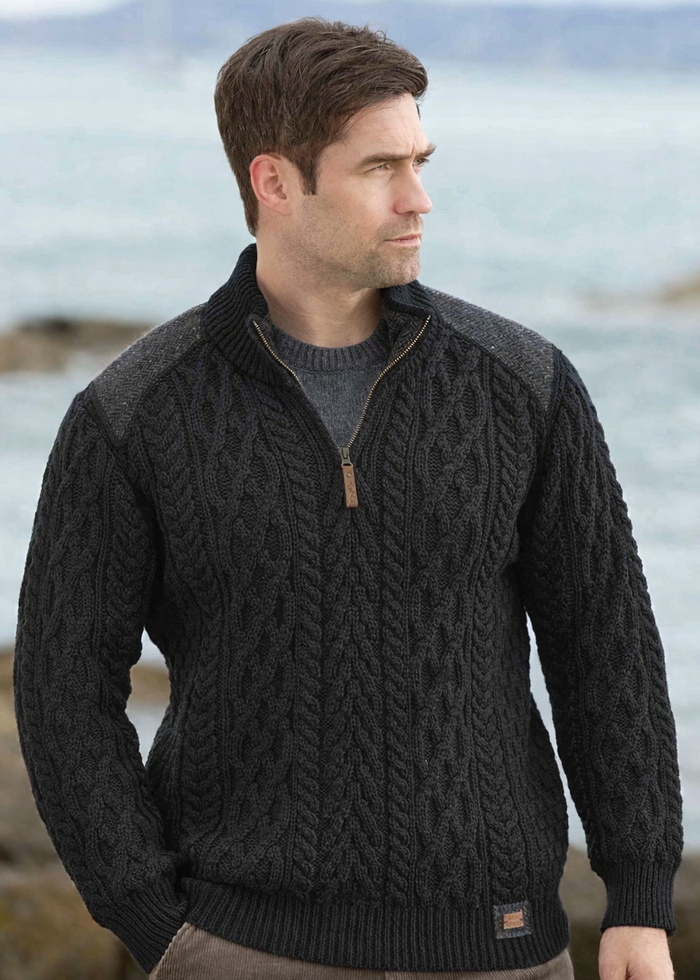 Aran Tweed 1/4 Zip Sweater | Men's Irish Merino Wool | Charcoal