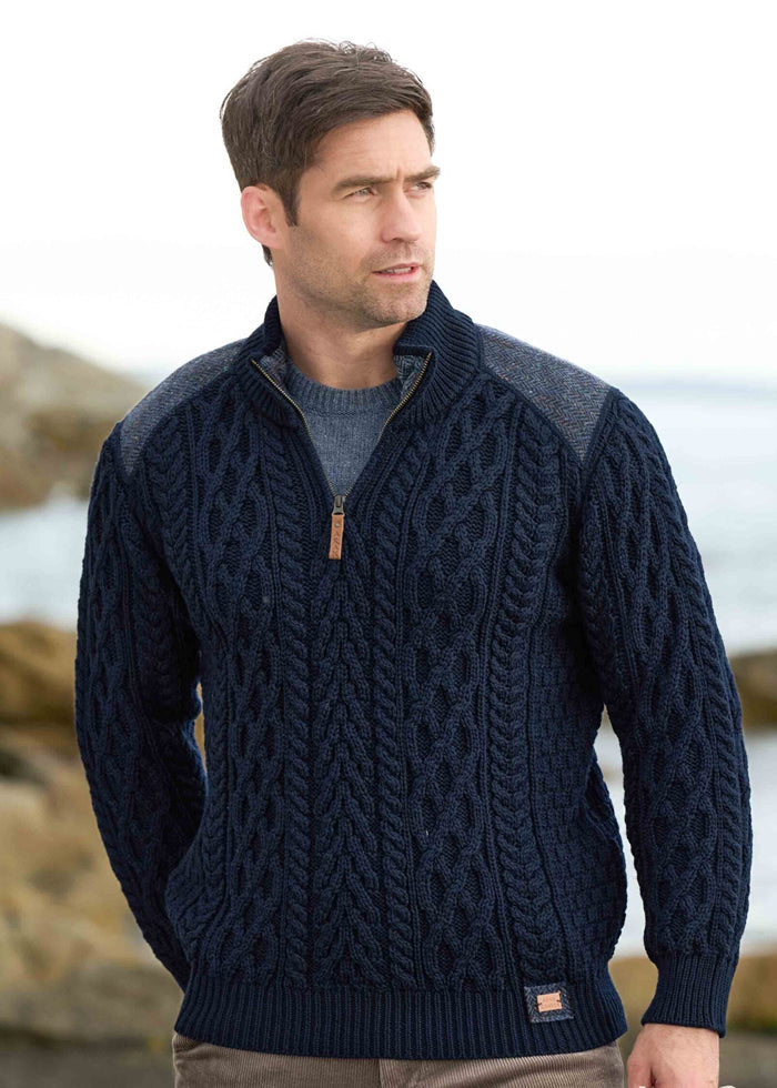 Aran Tweed 1/4 Zip Sweater | Men's Irish Merino Wool | Navy