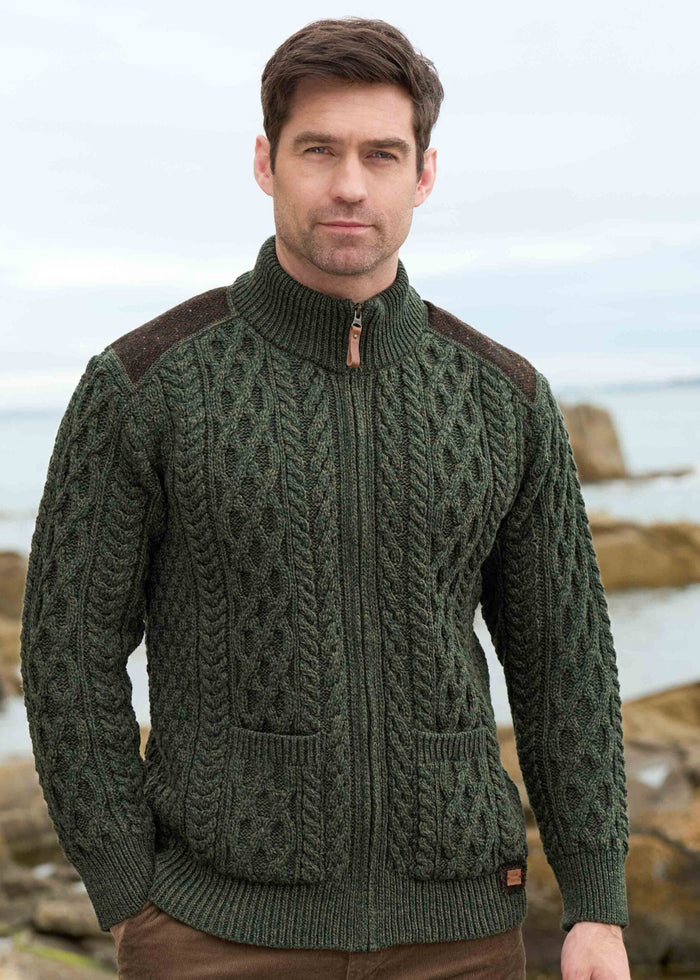Aran Tweed Zip Sweater | Men's Irish Merino Wool | Green