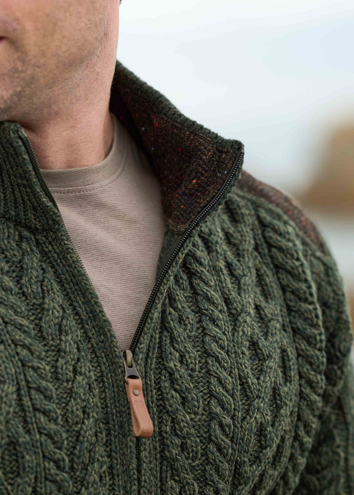 Aran Tweed Zip Sweater | Men's Irish Merino Wool | Green