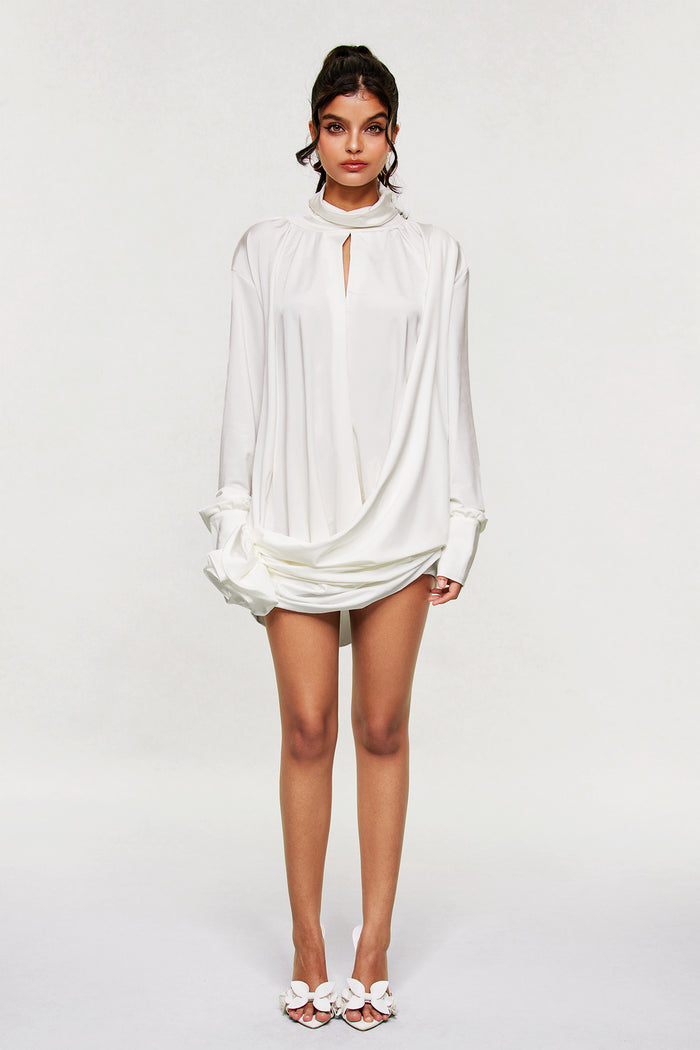 Ariella Flower Cutout Mesh Ruch Mini Dress In White