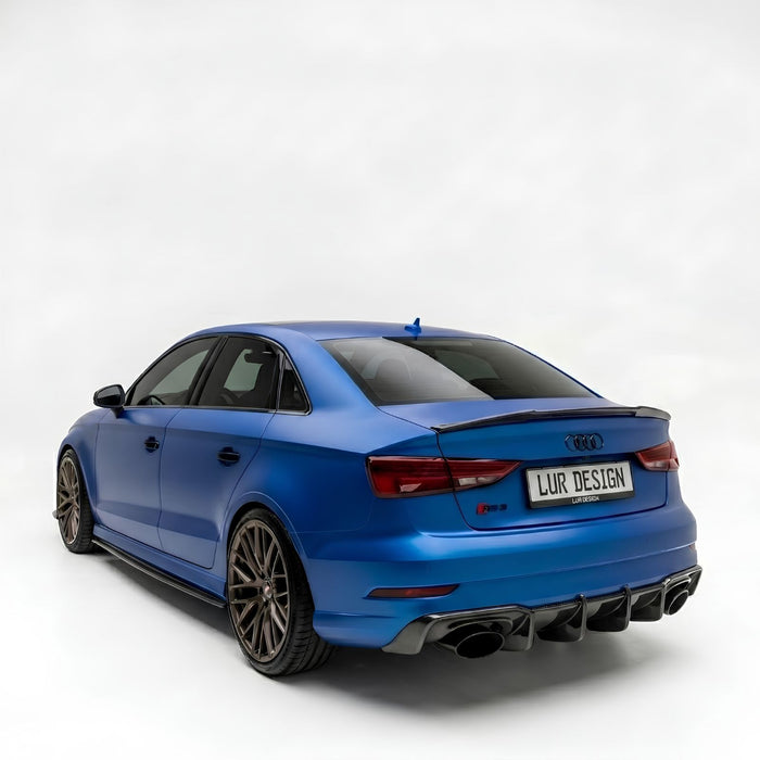 Rear Duckbill  Spoiler Cap lip Audi A3 8V Sedan 
Blue car with a black spoiler on a white background, featuring Lur Design logo.