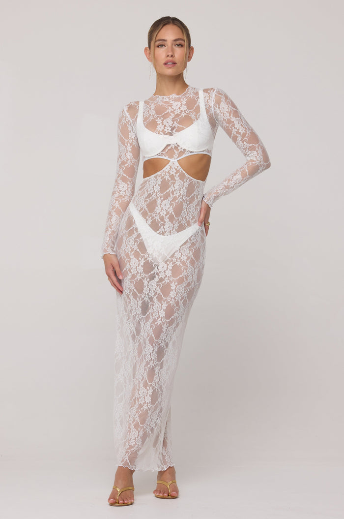 This is an image of Audrey Lace Dress in White Lace - RESA featuring a model wearing the dress
