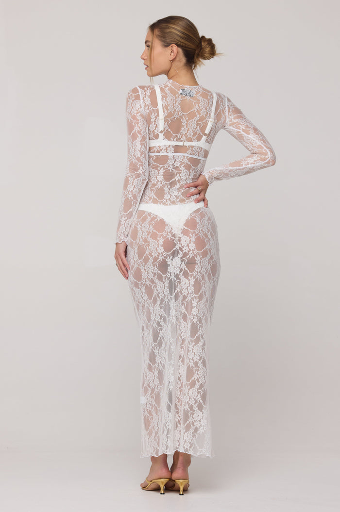 This is an image of Audrey Lace Dress in White Lace - RESA featuring a model wearing the dress