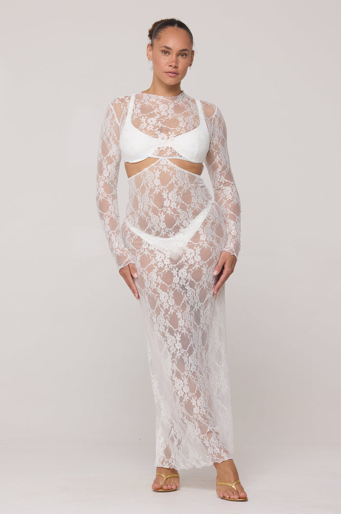 This is an image of Audrey Lace Dress in White Lace - RESA featuring a model wearing the dress