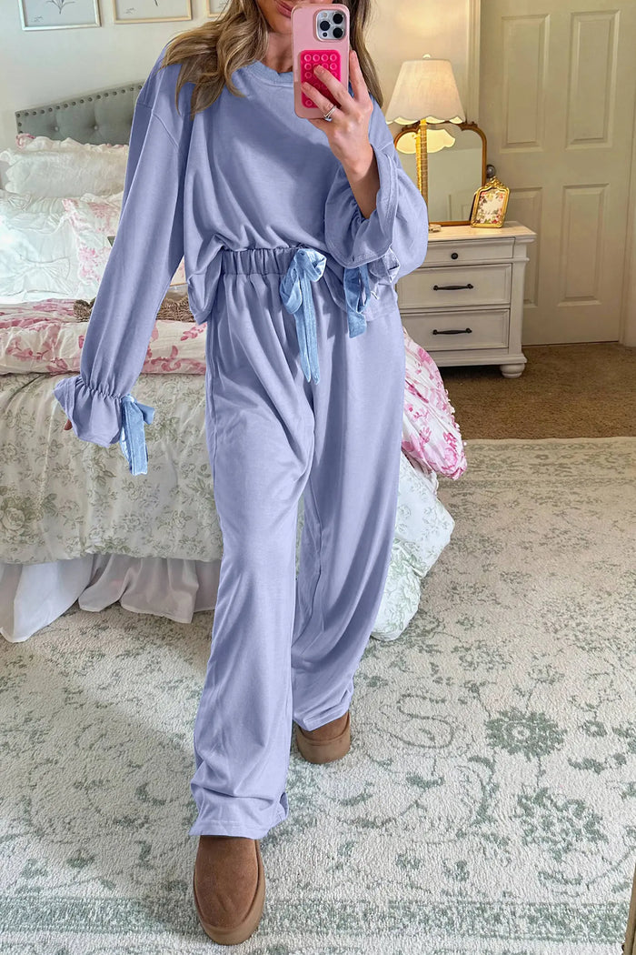 Beau Flounce Long Sleeve Top Drawstring Pants Contrast Velvet Bow Knot 2pcs Lounge Set – Blue